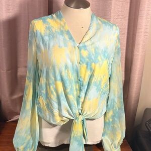 Vince Camuto Blue and Yellow Tie-Dye Blouse